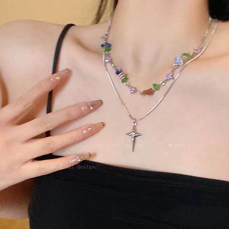 Summer Style Colorful Gravel Necklace & Bracelet Set - Versatile, Niche, and Girlish Clavicle Chain for Women’s Fashion