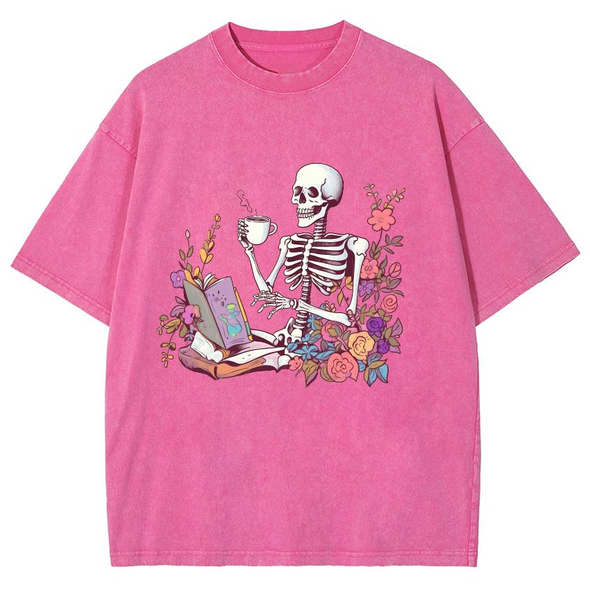 Fashion Trend Style Skull Tea Print Women's T-Shirt Washed Denim Loose Short Sleeves Summer Spot Basics Tees