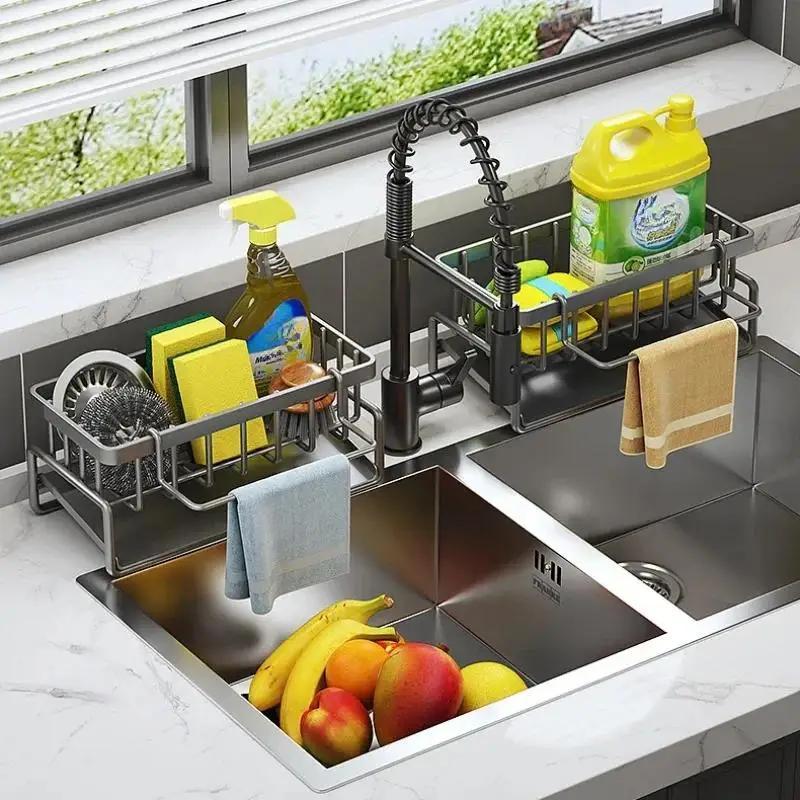 Kitchen Space Aluminum Sink Drain Rack Sponge Storage Faucet Holder Soap Drainer Shelf Basket Organizer Bathroom Accessories