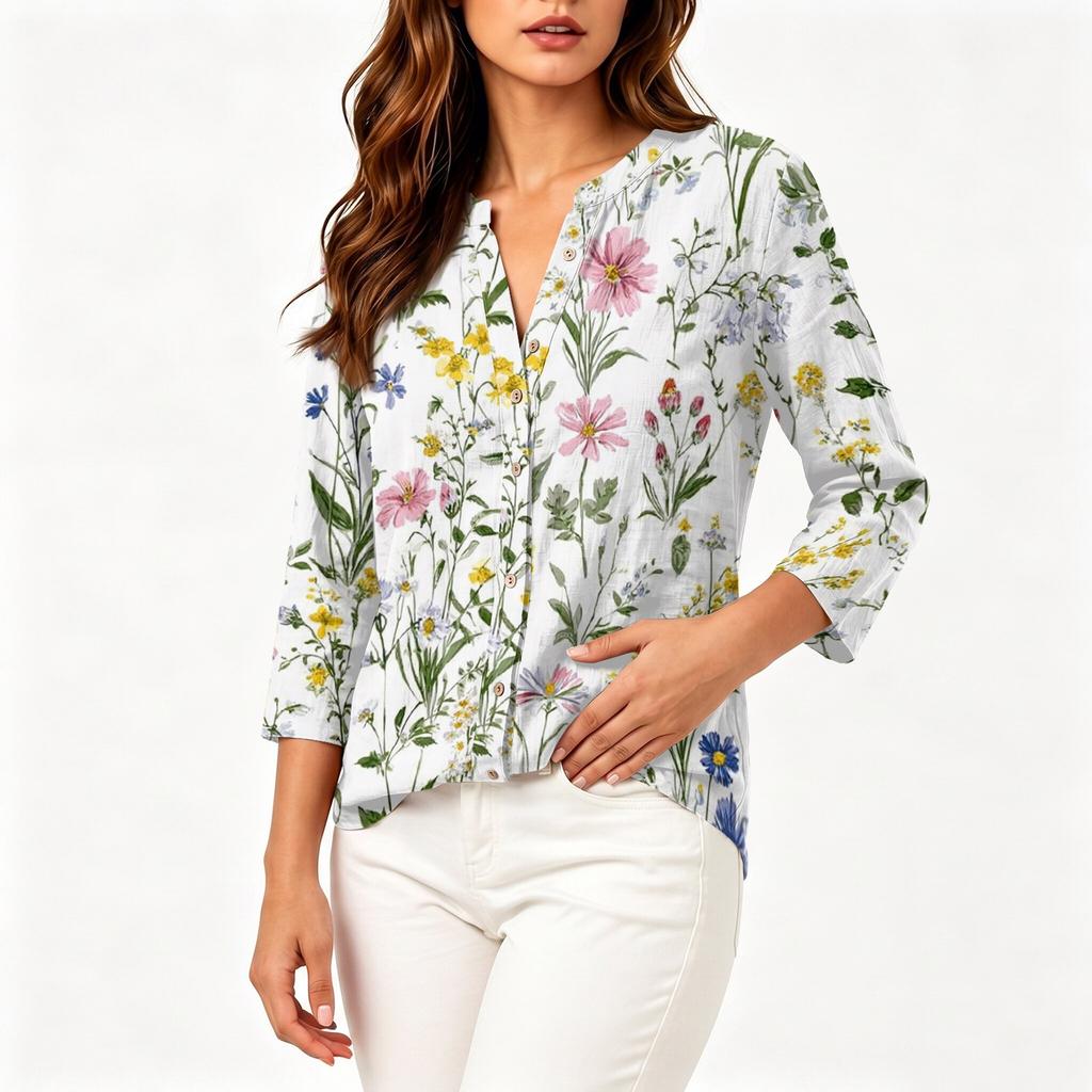 Women Vintage Floral Print Henley Collar Button Down Shirt Three Quarter Sleeve Linen Cotton Blouse Casual Loose Fit Top