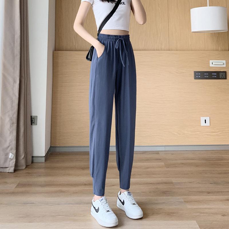 

Женские летние быстросохнущие спортивные брюки Ice Silk — легкие, свободные шаровары для бега и повседневной носки XXXL синий/серый