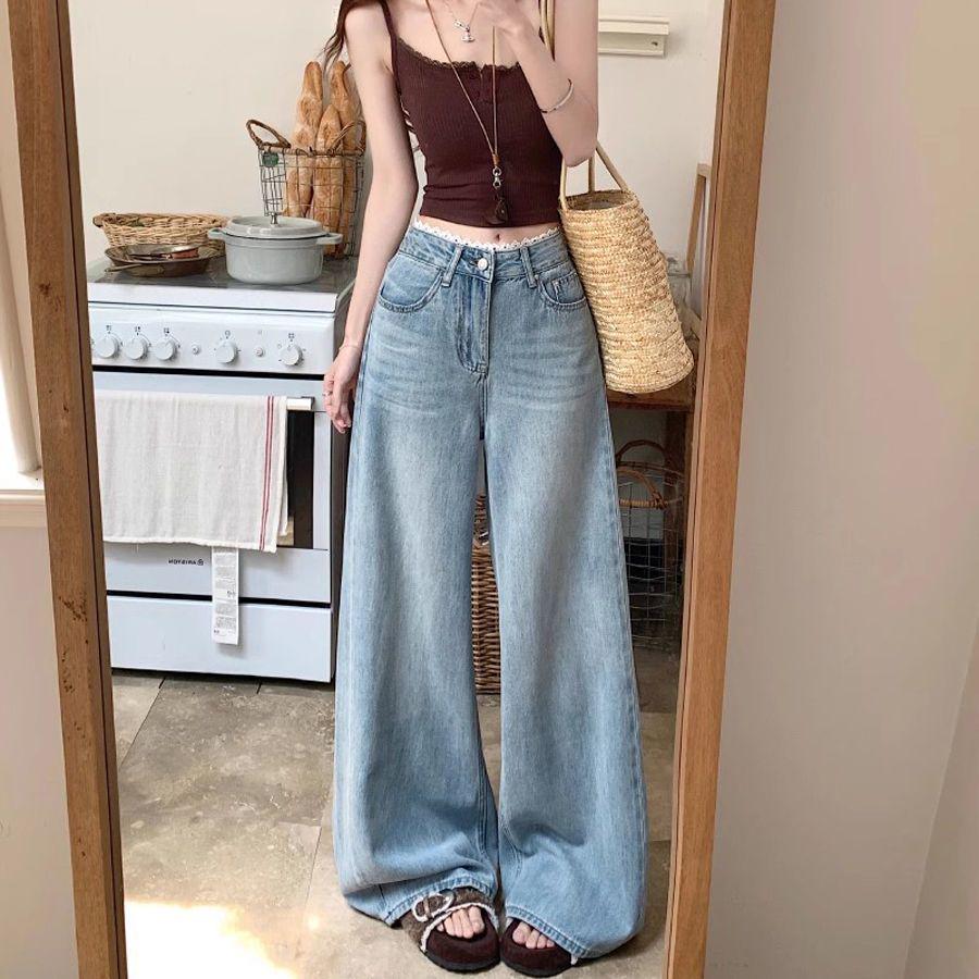 

Women s High Waist Vintage Lace Trim Wide Leg Jeans – Light Color Distressed Style L 115-125 lbs