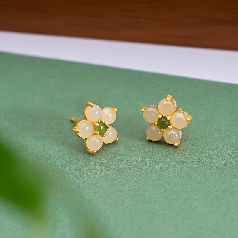 Tichiya Natural Hetian Jade Peach Blossom Earrings, S925 Sterling Silver, Chinese Style, Elegant Flower Design for Women.