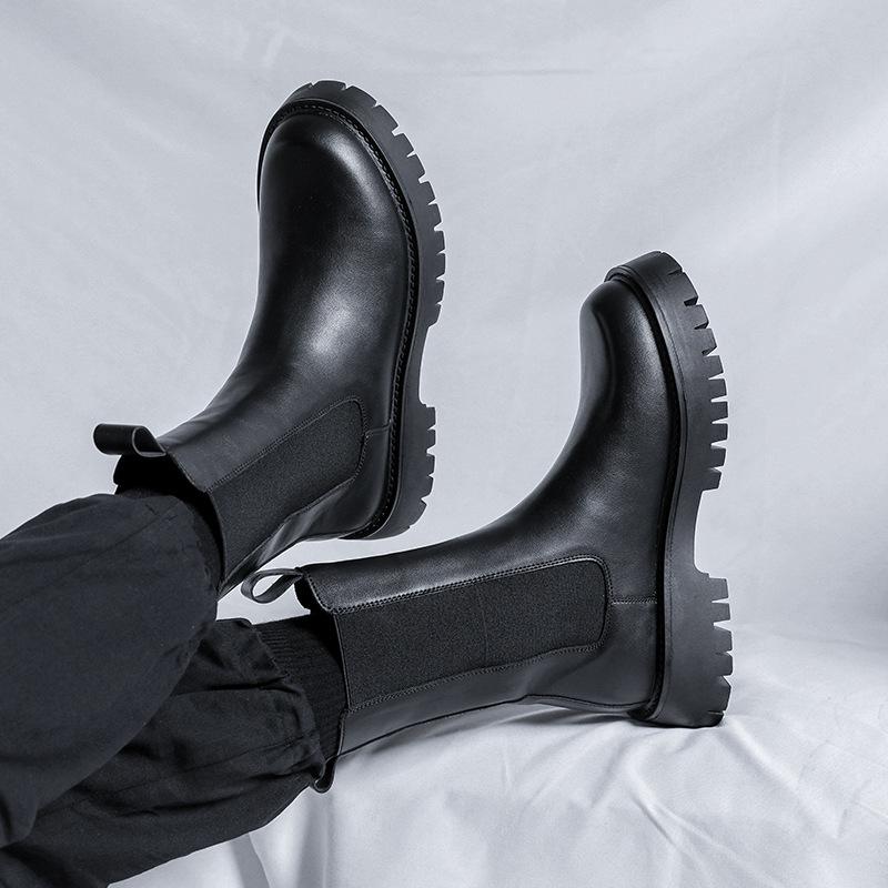 England Stil Herrenstiefel schwarz Tide weiches Leder Plateauschuhe Bühne Nachtclub Kleid hohe Stiefel gutaussehend Chelsea lang botas mans