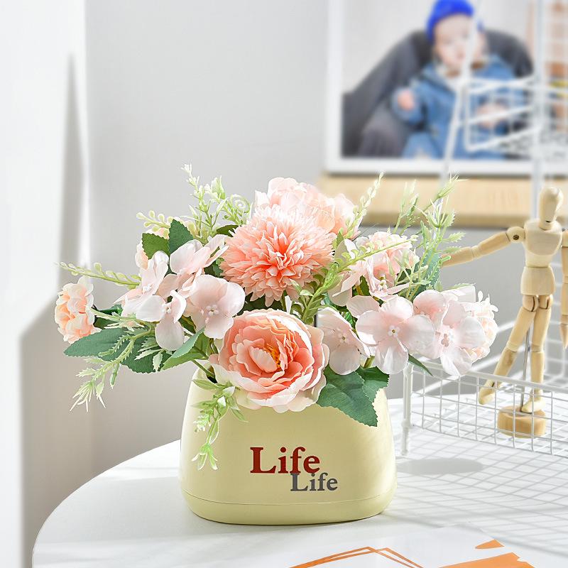 Living Room Decor: Artificial Sunflower and Green Plant Arrangements, Small Potted Plants, and Plastic Bouquets