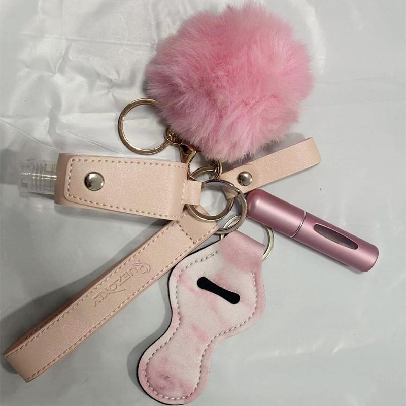 Chapstick Holder Keychain Set 30ml Hand Sanitizer Bottle PU Wristband Keychain for Women 5ml Empty Perfume Bottle Pompom