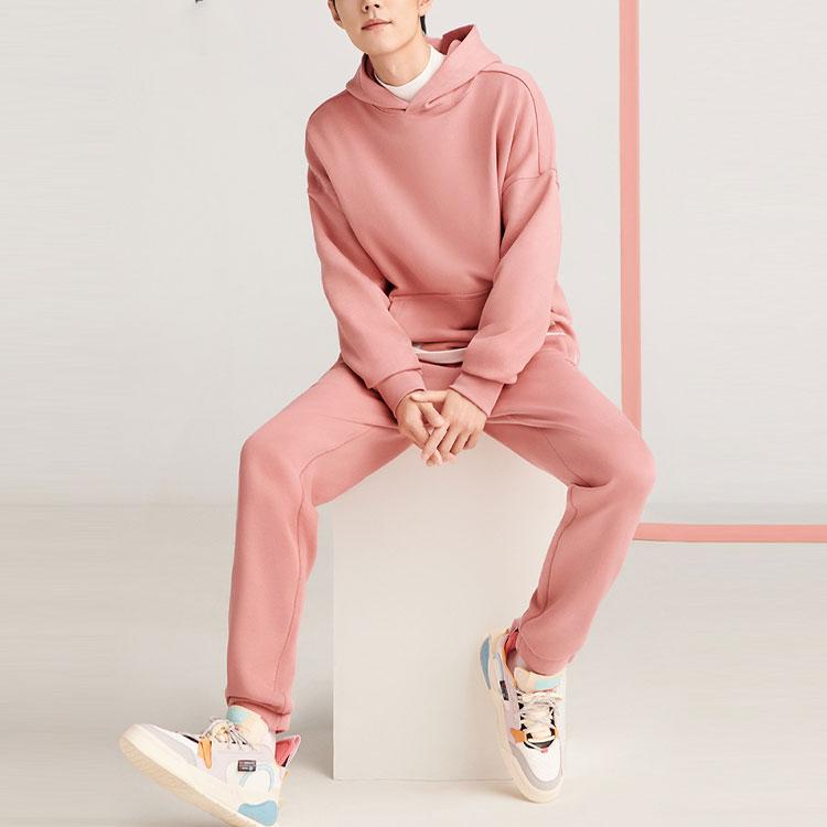 Li Ning Sports Trend Series Small Logo Pocket Solid Color Loose Hooded Pullover Long Sleeve Sweatshirt Men Sweatshirt Pink AWDR869-3