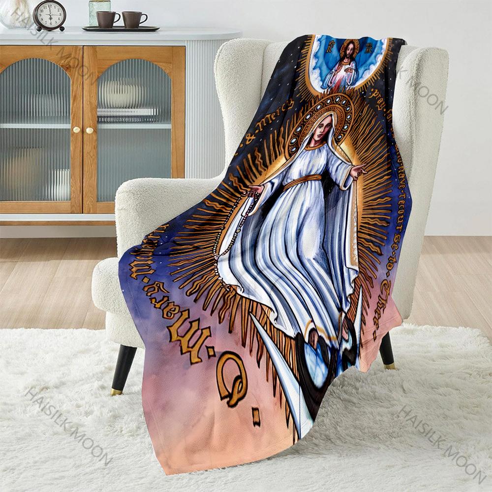 1PC Virgin Mary and Christ Icon Print Believer Pray Blanket Warm Soft Flannel Material Suitable for All Seasons Luxurious Gift