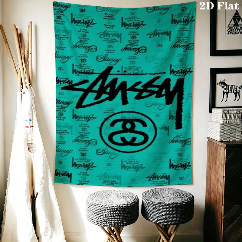 City List Text Tapestry, Black Background Street Brand Logo No.4 Wall Hanging Decor