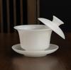 Large Raw Jade Porcelain Gaiwan: Suspended, rotatable, cool to touch. 