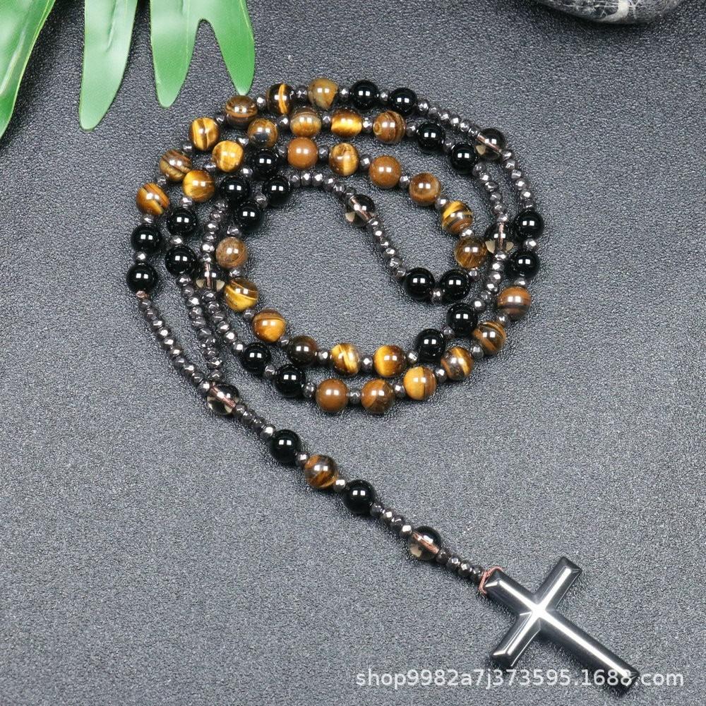 Collier pendentif croix en pierre naturelle, Croix en pierre d'œil de tigre et fer à bille chapelet collier pour homme