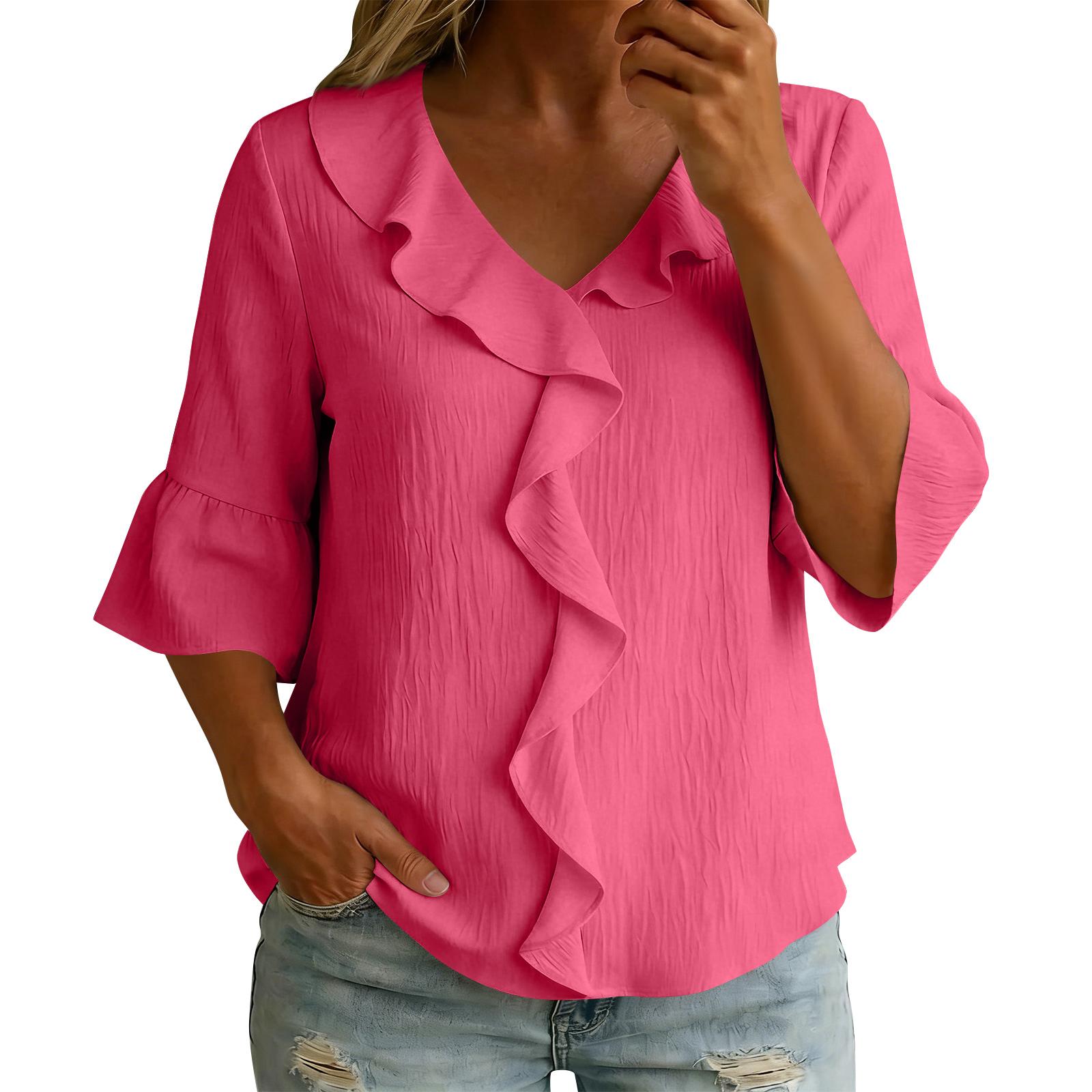 

Женские Топы с коротким рукавом Хлопок Лен Рубашки на пуговицах V-образный вырез Плиссированные Повседневные Свободные Рубашки с рукавом XXL розовый