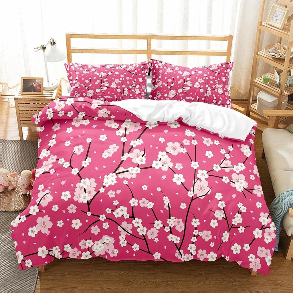Plum Flower Duvet Cover Set Red Flower Pattern Bedding Set for Girls Women Polyester Comforter Cover Quilt Cover King Full Size