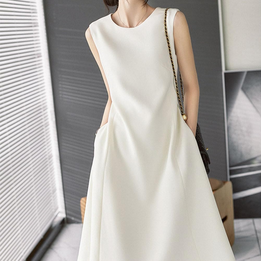 Sleeveless Crew Neck Skirt Solid Slimming Elegant Long Perfect for Office and and Winter [SDSXZWG] Women's Dress, Color, Simple, Dress, Casual, Skirt,
