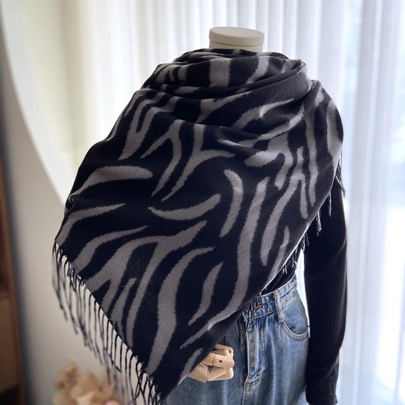 Scarf Women's Autumn and Winter European and American New Striped Printing Tassel Imitation Cashmere Shawl Cross-border Warm Scarf