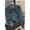 Women's Washed Retro Denim Jacket - Spring & Autumn Irregular Lapel, Long Sleeve, Short Hong Kong Style Shirt