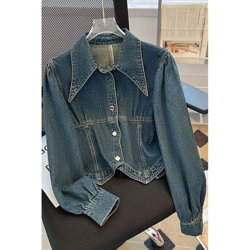 Women's Washed Retro Denim Jacket - Spring & Autumn Irregular Lapel, Long Sleeve, Short Hong Kong Style Shirt