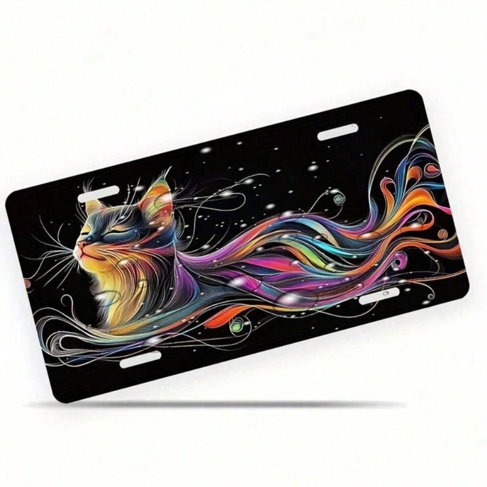 2D Flat Colorful Abstract Cat License Plate Frame, Rustproof Aluminum Front Car Tag Cover, 5.9x11.8in Polished
