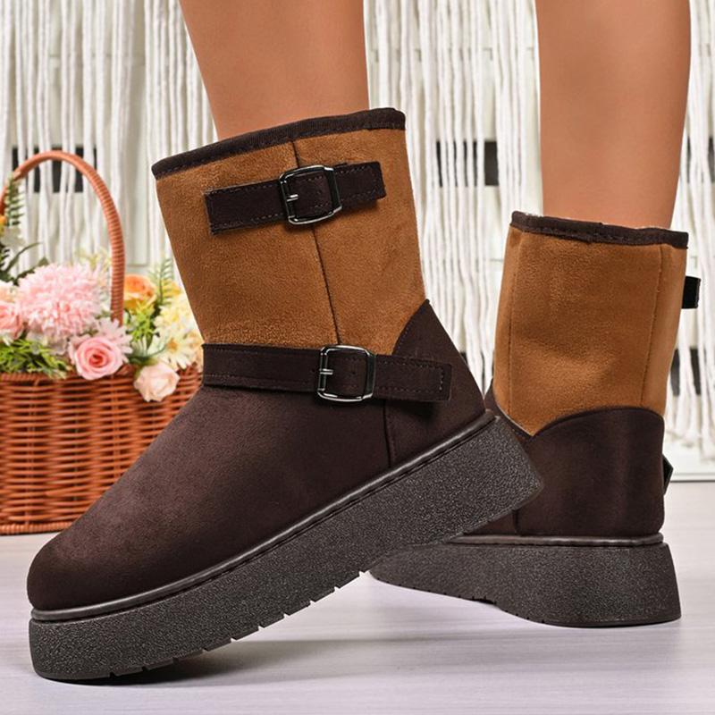Fashion Vintage Buckle Detor Snow Boots Women Winter Mix Color Faux Suede Snow Boots Woman Short Plush Platform Warm Booties Female