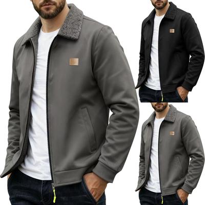 Men's Winter Solid Color Fleece-Lined Zipper Jacket, Plus Size Casual Sports Jacket