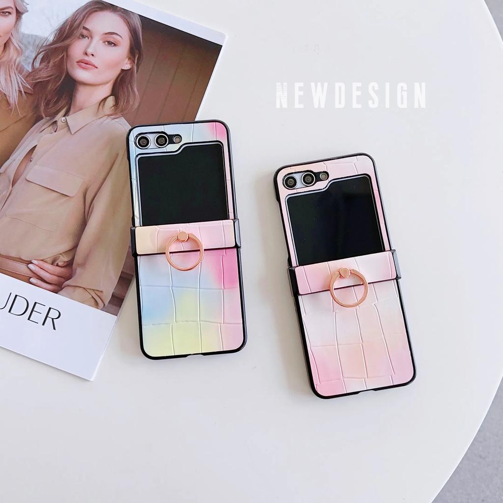 Leather Ring Gradient Color Fall Prevention Phone Case for Samsung Galaxy Z Flip 6 5 4 3  Flip5 Flip4 Flip3 5G Shockproof Cover