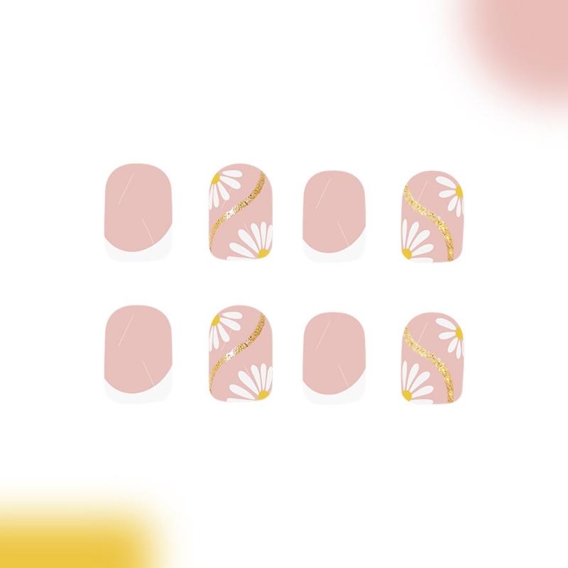 24x French Tip Full Cover False Nail Sweet Flowers Press On Nail Short Square Stick On Nail Acrylic Nail for Daily