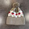 Warm Knitted Simple Hat Cherry Embroidery Design And Plush Decoration Ball