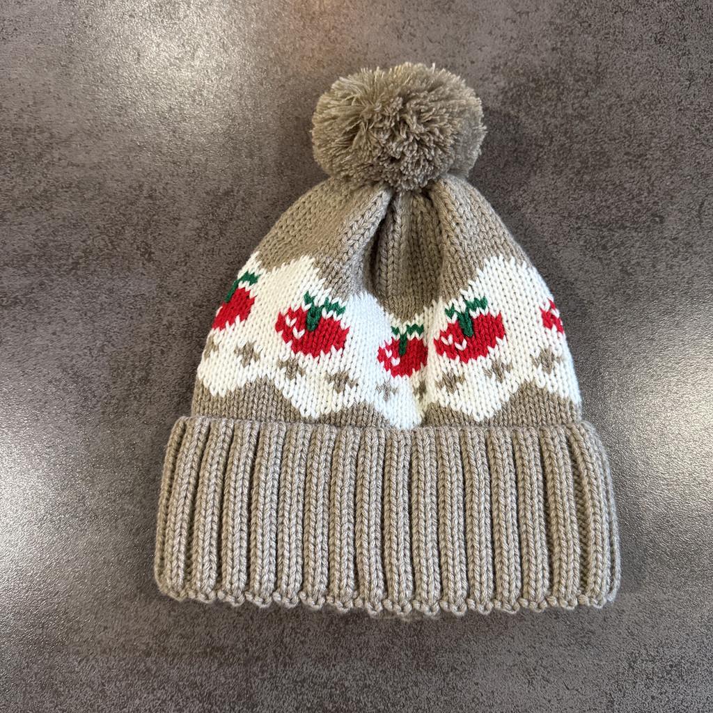 Warm Knitted Simple Hat Cherry Embroidery Design And Plush Decoration Ball