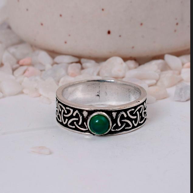 Green Onyx Celtic Knot Silver Band Ring | Infinity Symbol Brass Jewelry | Spiritual Gift for Him/Her