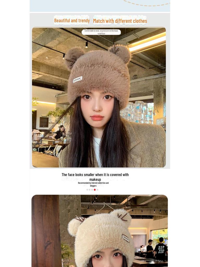 Căciulă de pluș cu coarne de cerb coreeană pentru femei - Ediție de Crăciun, Tricot gros și călduros pentru toamnă/iarnă, Stil dulce japonez