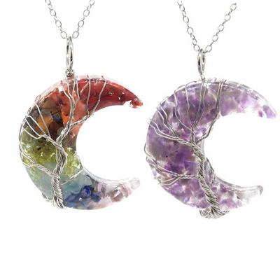 Chakela Natural Crystal Crushed Stone Wire-Wrapped Crescent Moon Tree of Life Pendant Necklace.