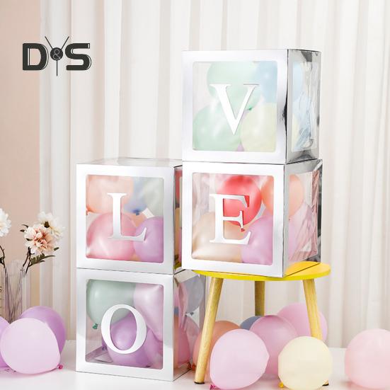 4 Pcs Balloon Box DIY Assembly Transparent Paper Box Balloon Box with Letters Reusable Stackable Cube Decorative Box for Party Wedding Birthday