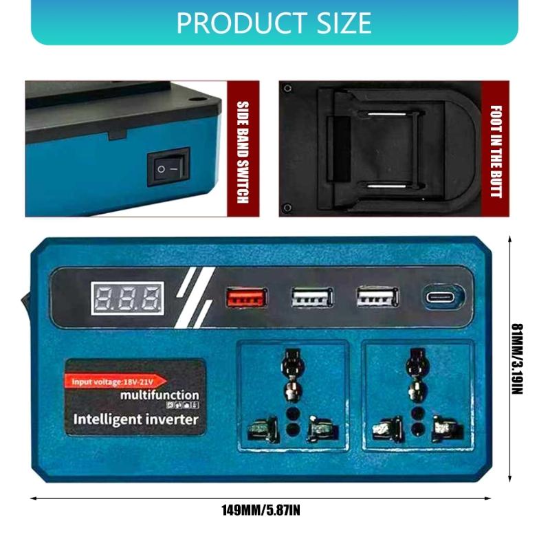 Multiple Port USB Charging and Power Converter 18-21V to 220V Featuring 2 Alternating Current Outlets 3 USB Port 1 Type C
