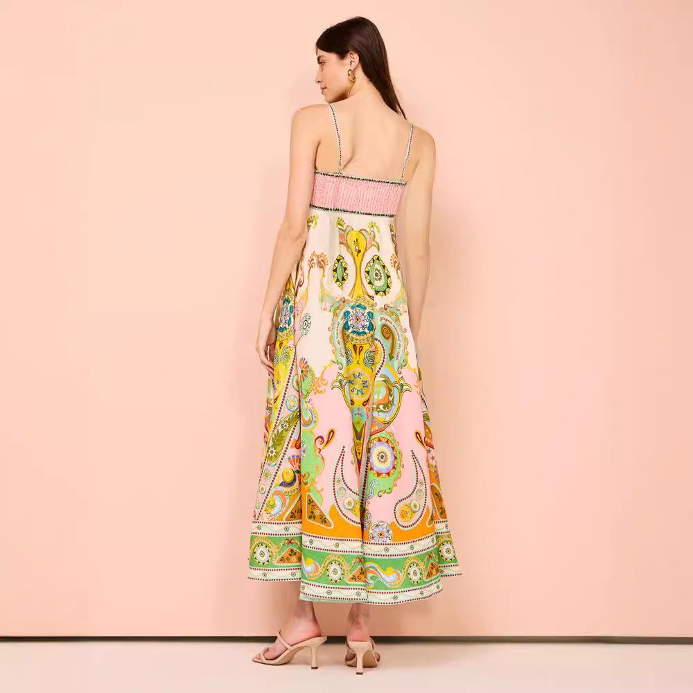 Summer new sexy suspender temperament printed high waist big pendulum dress women