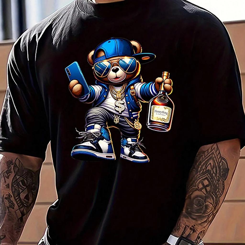 Men's Summer Cartoon Bear Printed Round Neck Short Sleeve Casual T-Shirt