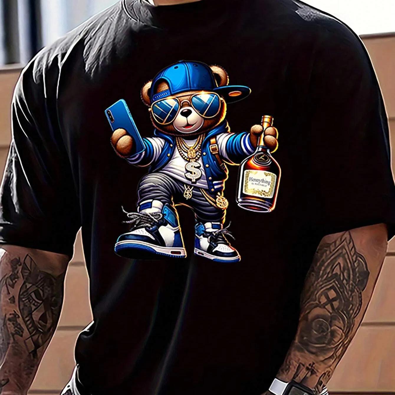 

Мужская летняя повседневная футболка с круглым вырезом и коротким рукавом с принтом мультяшного медведя XL