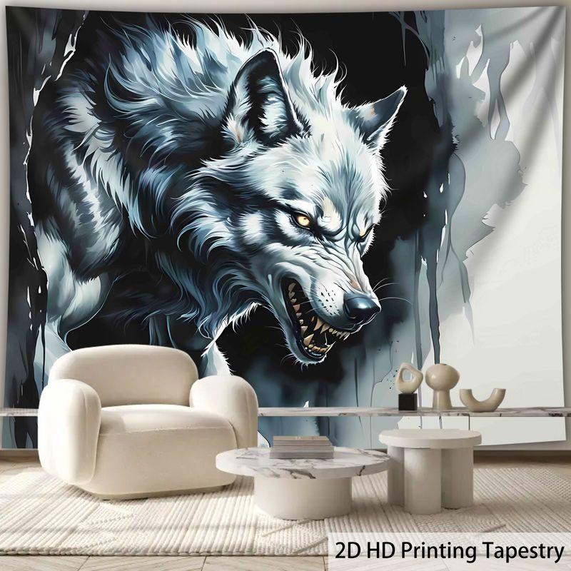 Tearing Bad Wolves and Beasts Black White Tapestry, Fierce Wall Art for Bedroom Living Room Dorm