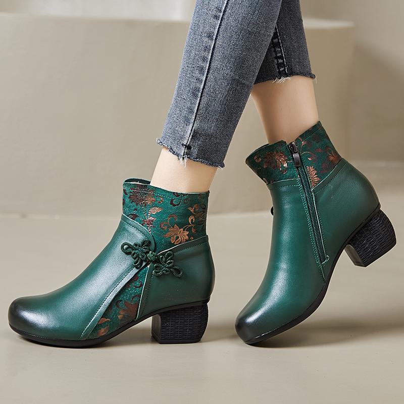 Mode GKTINOO Echtes Leder Stiefeletten 2025 Winter Neu Ethnisch Bedruckte Damenstiefel Weiche Sohlen Dicke Absätze Lederstiefel für Mütter