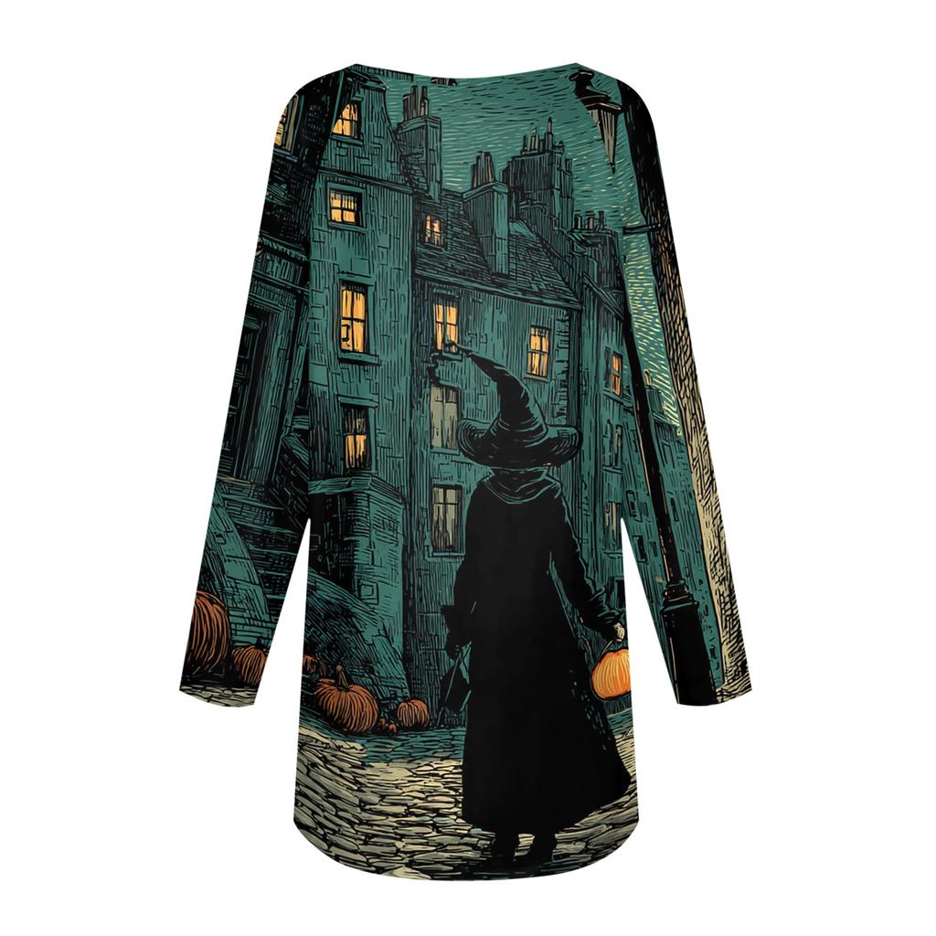 Women's Casual Long Sleeve V-Neck Print Mid-Length Tunic Top
