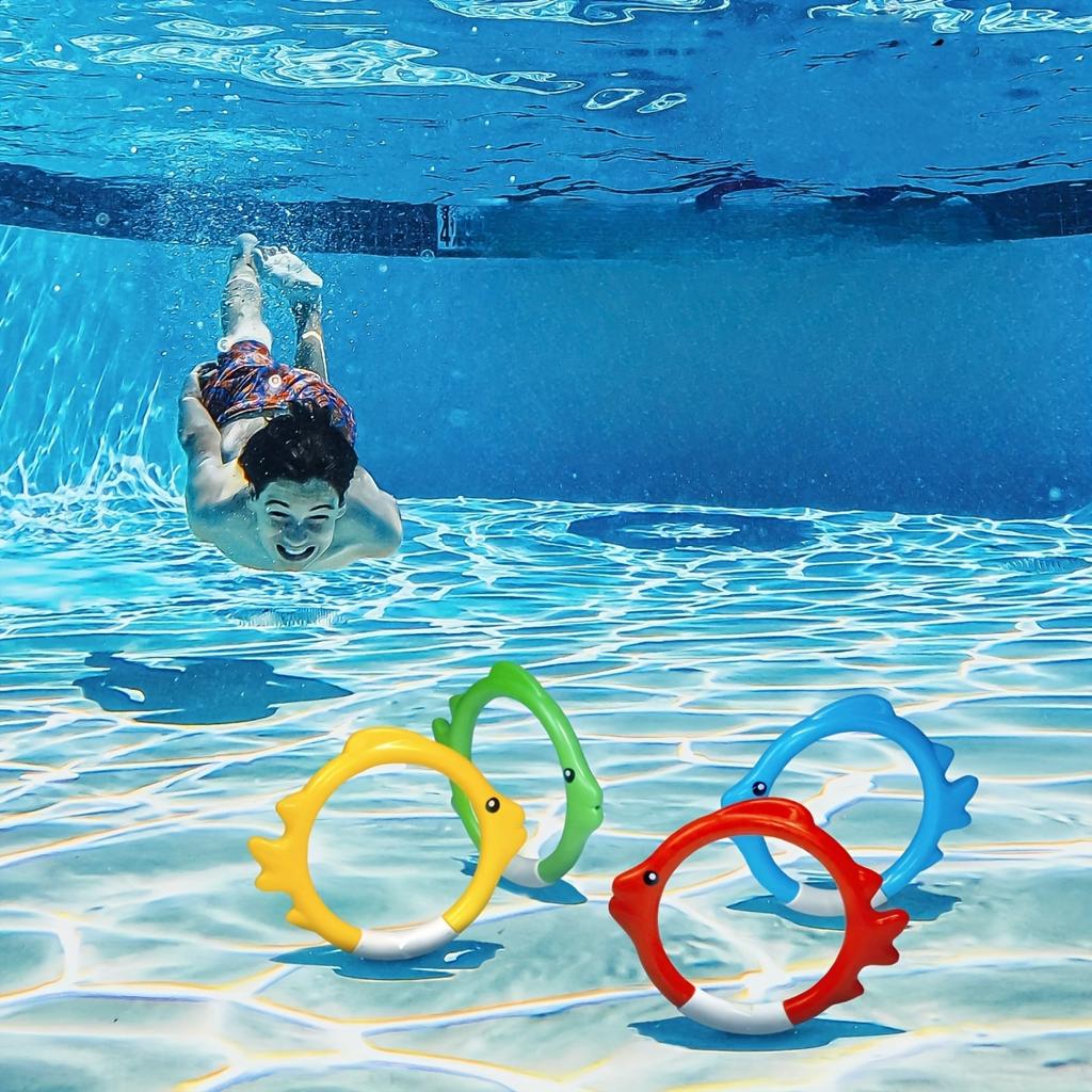 4/8PCs Diving Rings Set - Underwater Swim Training Gear with Fish-Shaped Retrieval Rings, Floatable PVC Pool Toys Adults/Kids