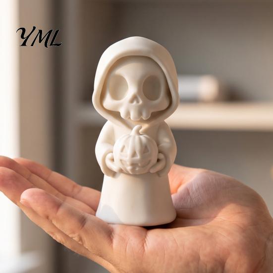 Grim Reaper Pumpkin Figurine 3D Printed Holding Pumpkin, Blank DIY Collectibles for Halloween Paintable Statue, Cute Desktop Shelf Holiday Decor Party