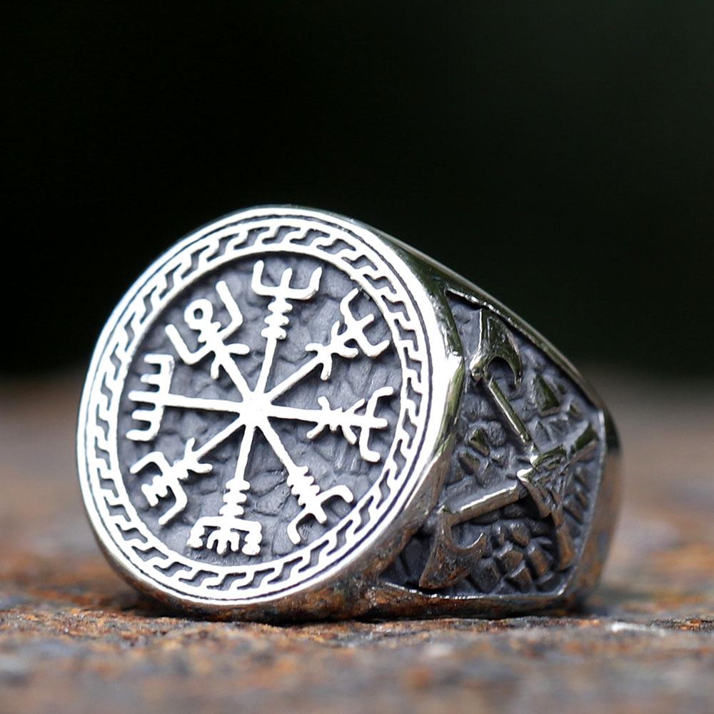 

NEW 316L Stainless Steel Viking Ring with Vegvisir and Axe Design High Quality Men s Jewelry Amulet Gift 7
