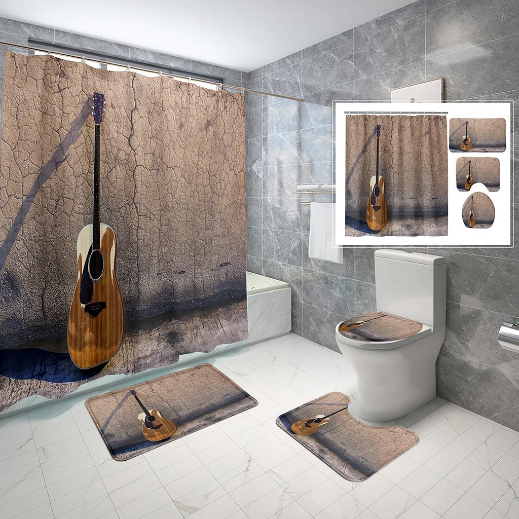 4Pcs Fire Burning Electric Guitar Shower Curtain Sets, Stone Wall Modern Bathroom Sets Waterproof,Non-Slip Bath Rugs Toilet Mat