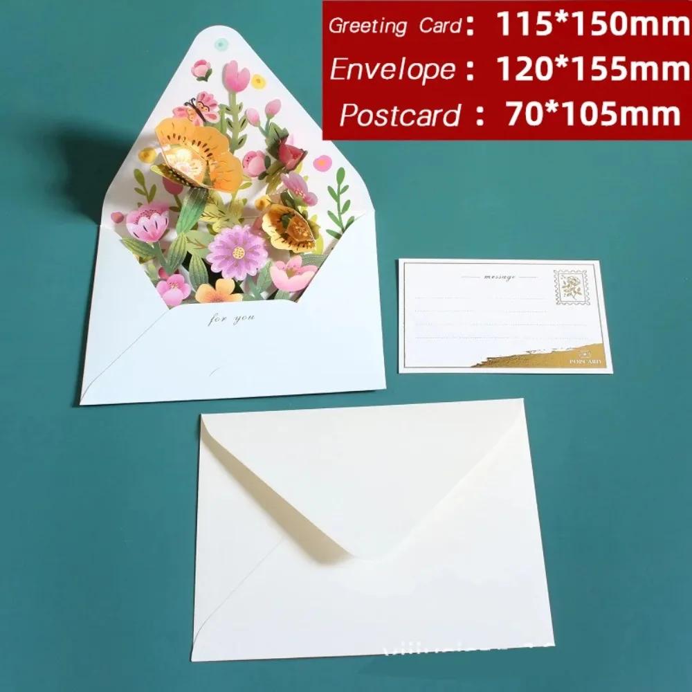 Romantic Flower Birthday Christmas Card 3D Pop-up Paper Flowers Postcard with Envelope Valentines