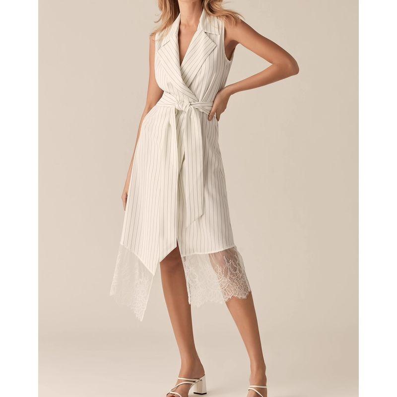 Foreign Trade Autumn New Sleeveless Versatile Personality Lapel Stripe Lace Stitching Slimming Breasted Dress With Belt