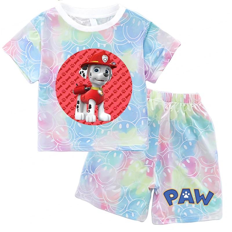 Paw Patrol Summer Clothing Sets for Baby Girl Outfits Cute Print Tie-dye Smile Tees Children Short Sleeve T Shirt Shorts 2pcs