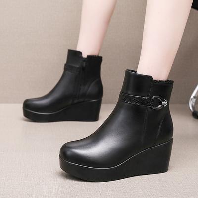 6cm Small Size 32-43 Comfortable Thick Bottom Platform Wedges Shoes Winter 2025 Med Heels Soft Leather Ankle Boots Office Mom