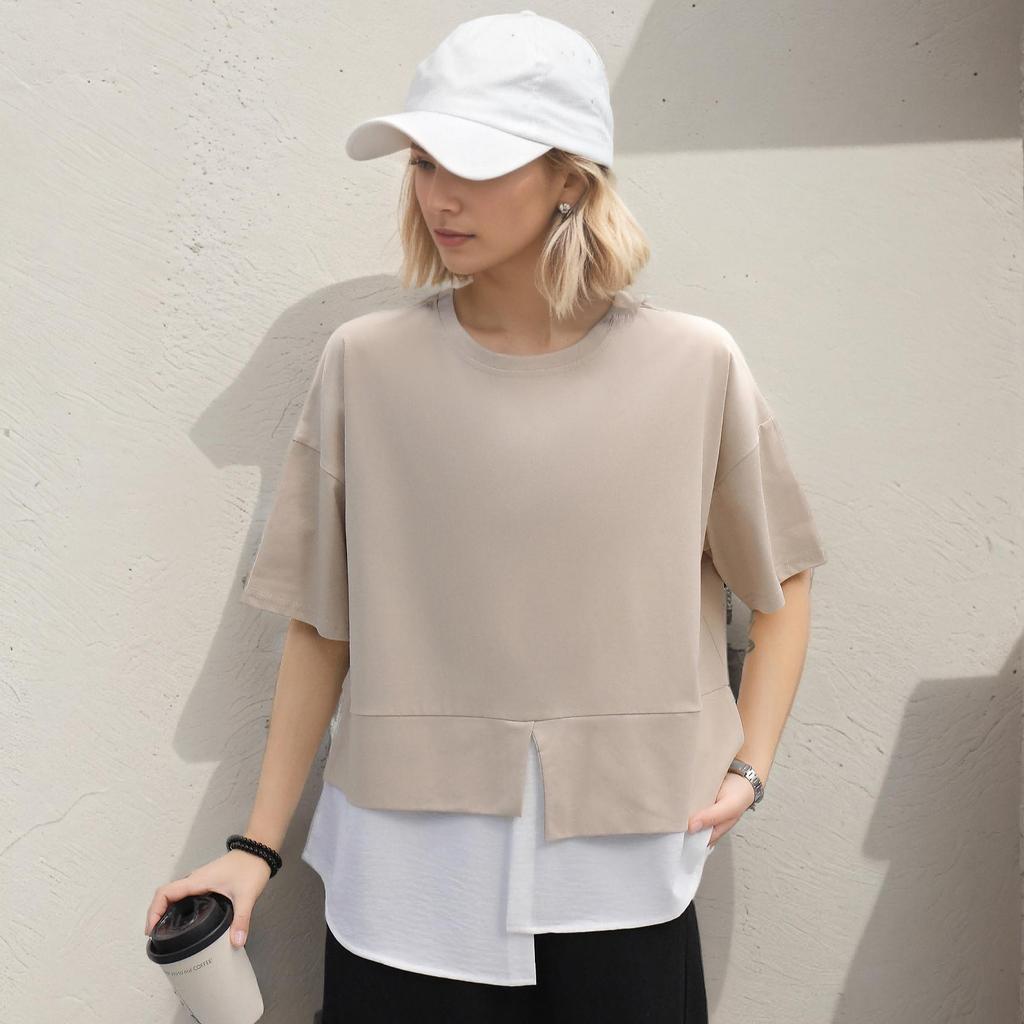 DIMANAF 2025 Übergröße Pullover Sommer T-Shirt Damen Asymmetrisch Uni Kurzarm Lockeres T-Shirt