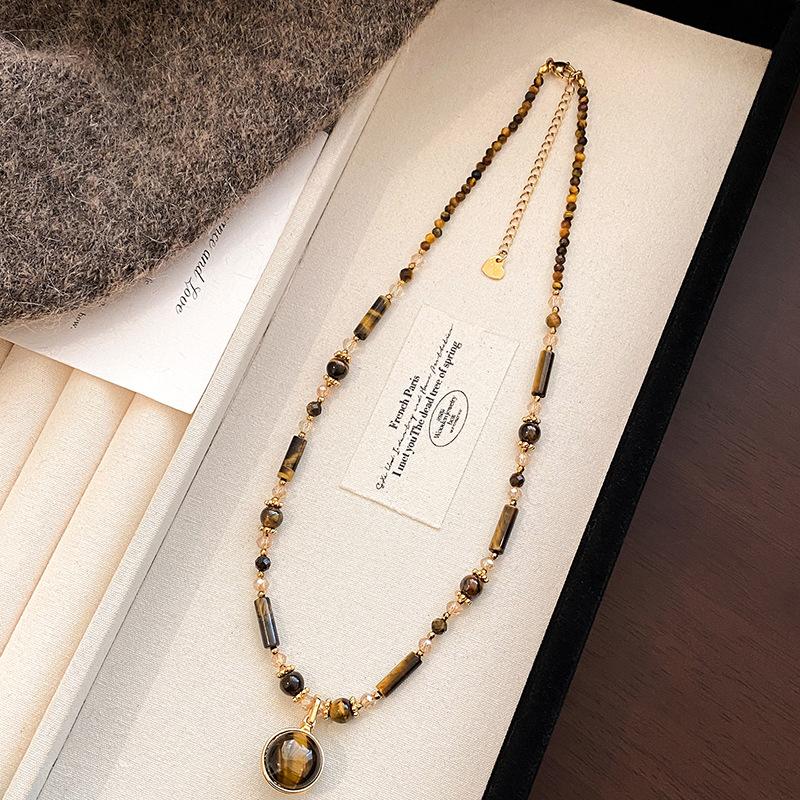 18k Real Gold Geometric Beaded Tiger's Eye Necklace Accessories Women's Sweater Chain Necklace