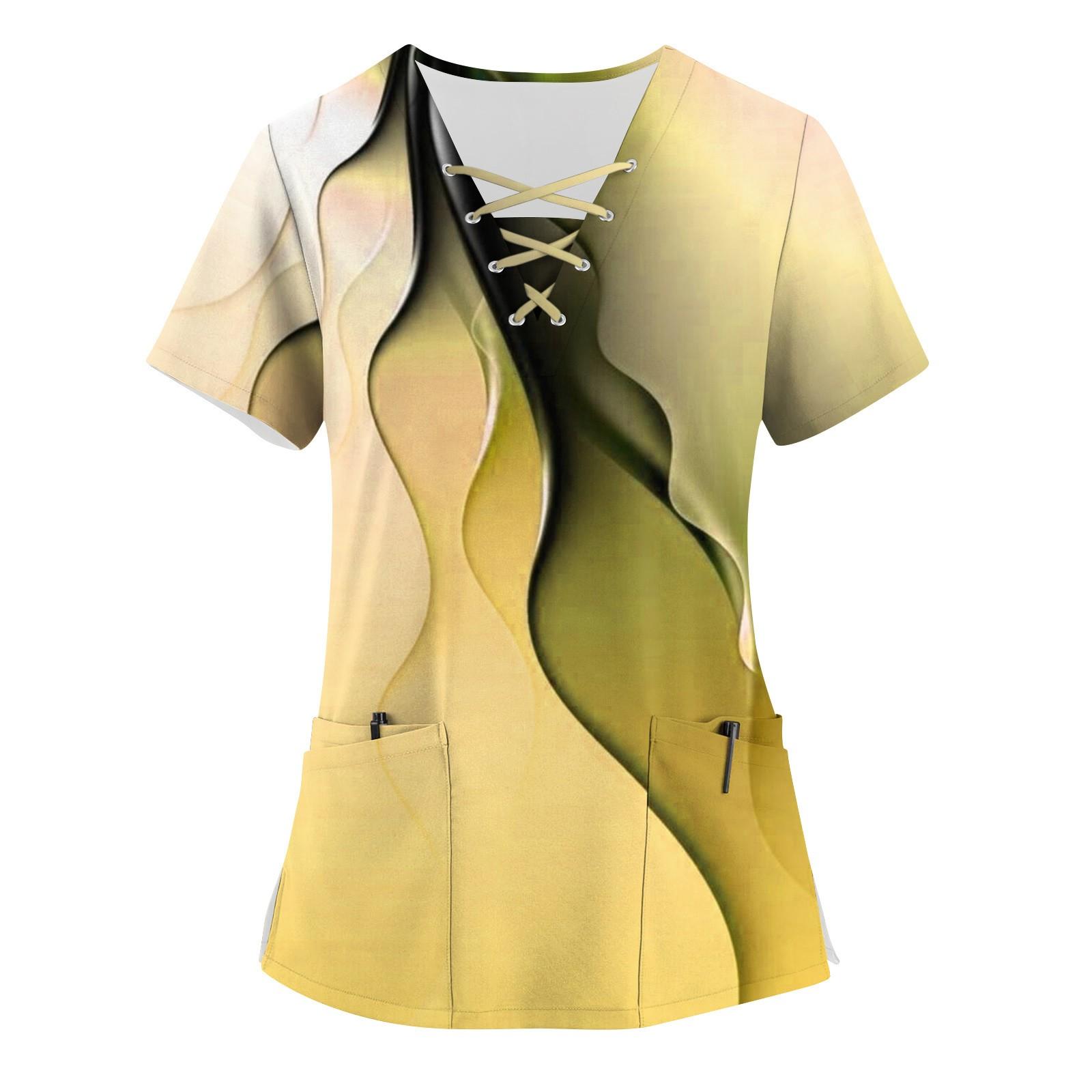 

Рабочая форма больших размеров с принтом, топы для женщин, забавные футболки с короткими рукавами и v-образным вырезом с перекрестным принтом, рабочая одежда, футболка с карманами XL жёлтый